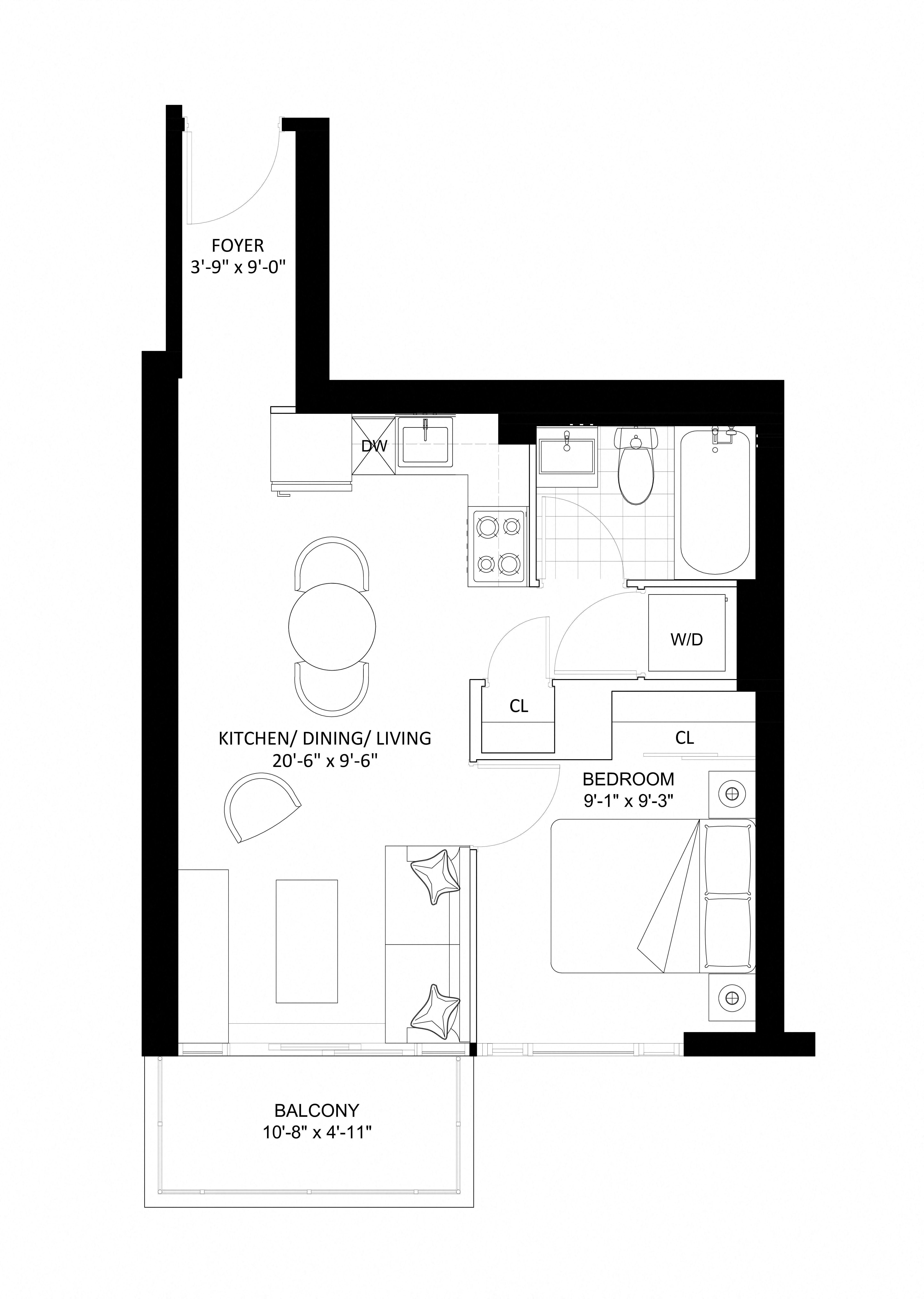 Floor plan for 1 bed, 1 bath, 493 sqft